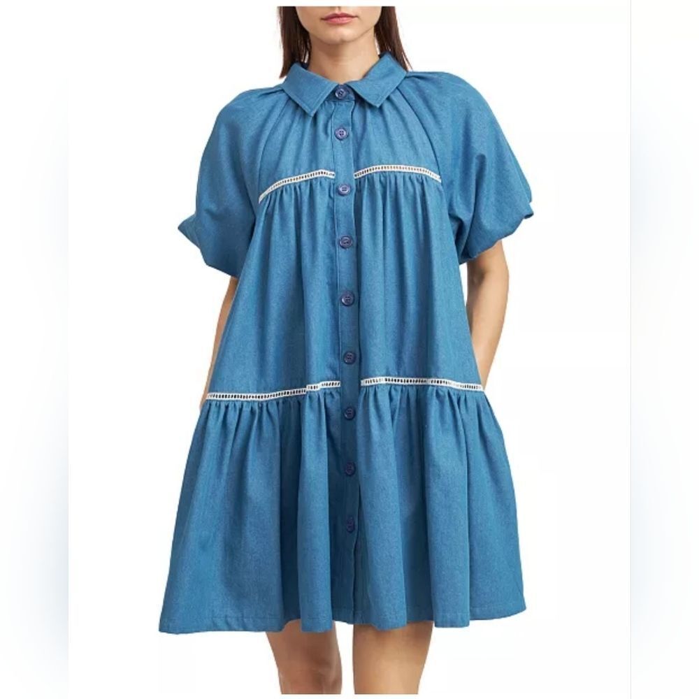 EN‎ SAISON Womens Tara Puff Sleeve Babydoll Blue Button-Up Shirt Dress Size L